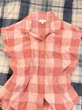 Lucky Brand Pink Buffalo Check Cap Sleeve Button-Up Shirt Small
